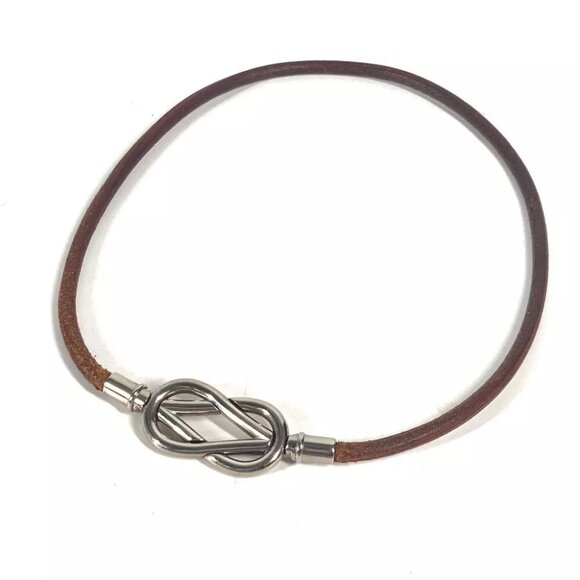 HERMES Necklace Head Double Bracelet Accessories Choker Leather Brown